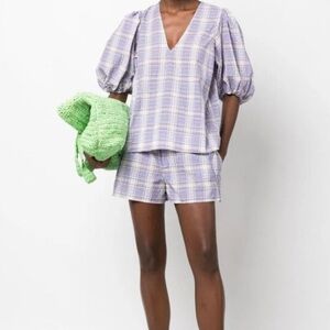 Ganni Plaid Puff Sleve Purple Top